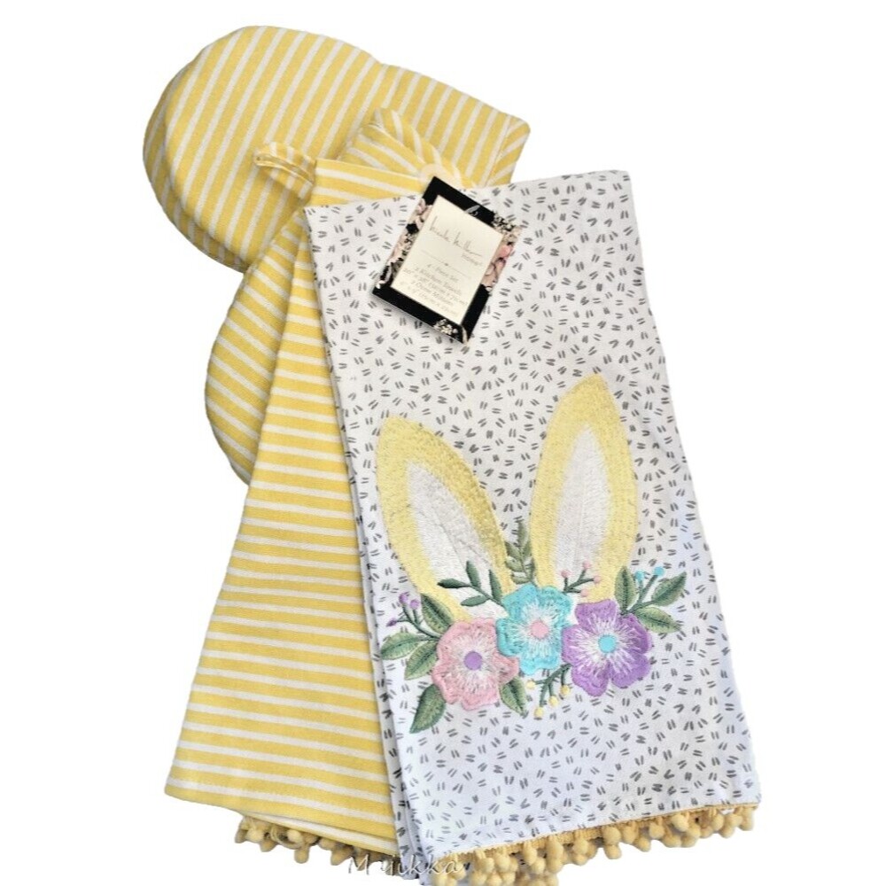 Nicole Miller Dish Towel Mini Oven Mitts Easter Bunny Embroidered Set of 4